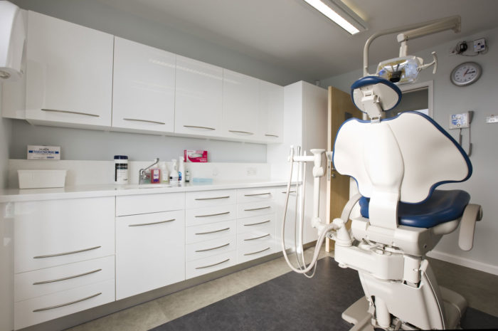 White solid surface counter in a dental studio
