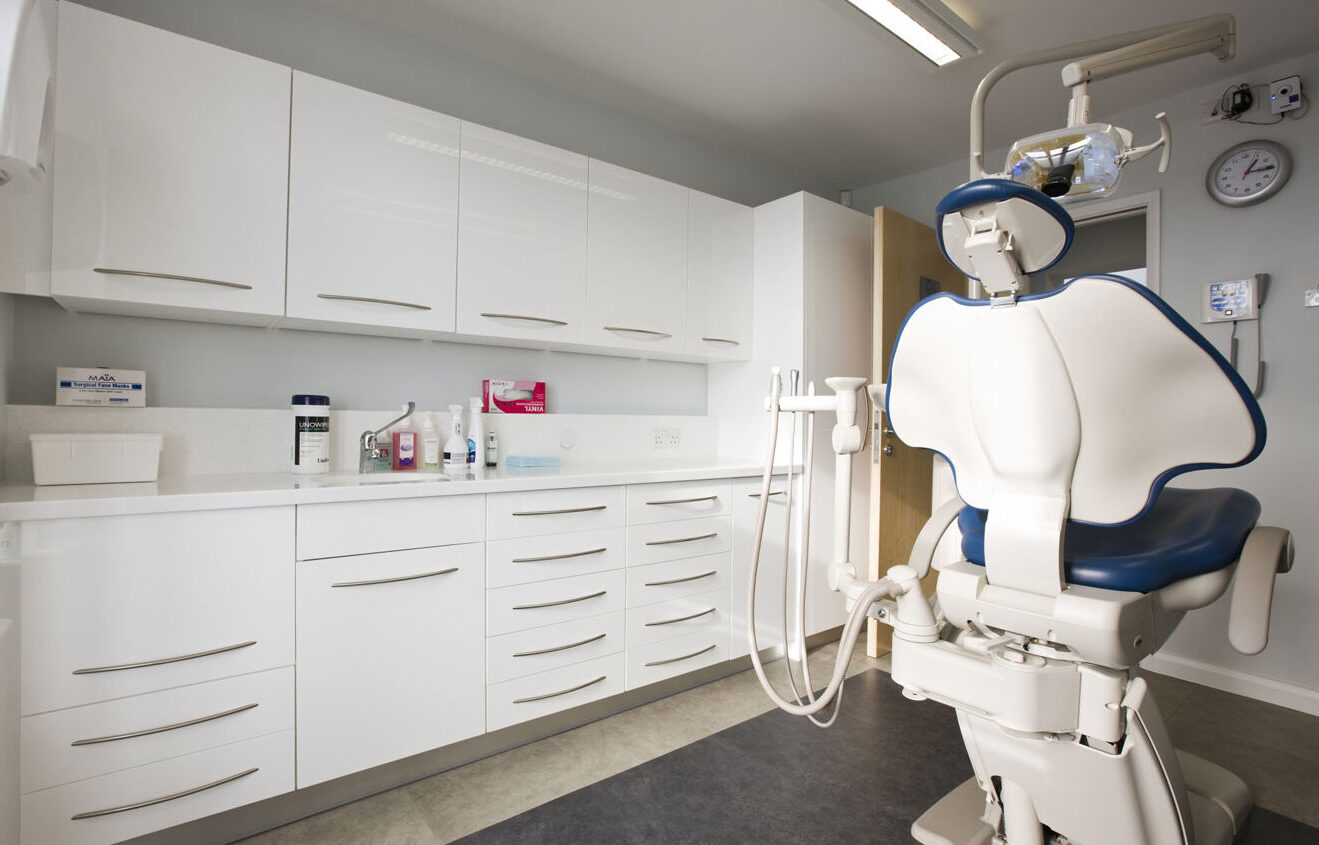 White solid surface counter in a dental studio